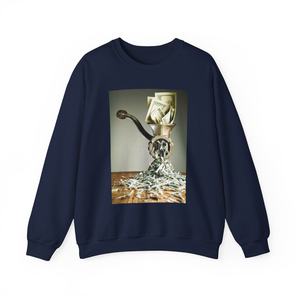 Money Grinder Crewneck Sweatshirt – Surreal Cash Shredder Graphic