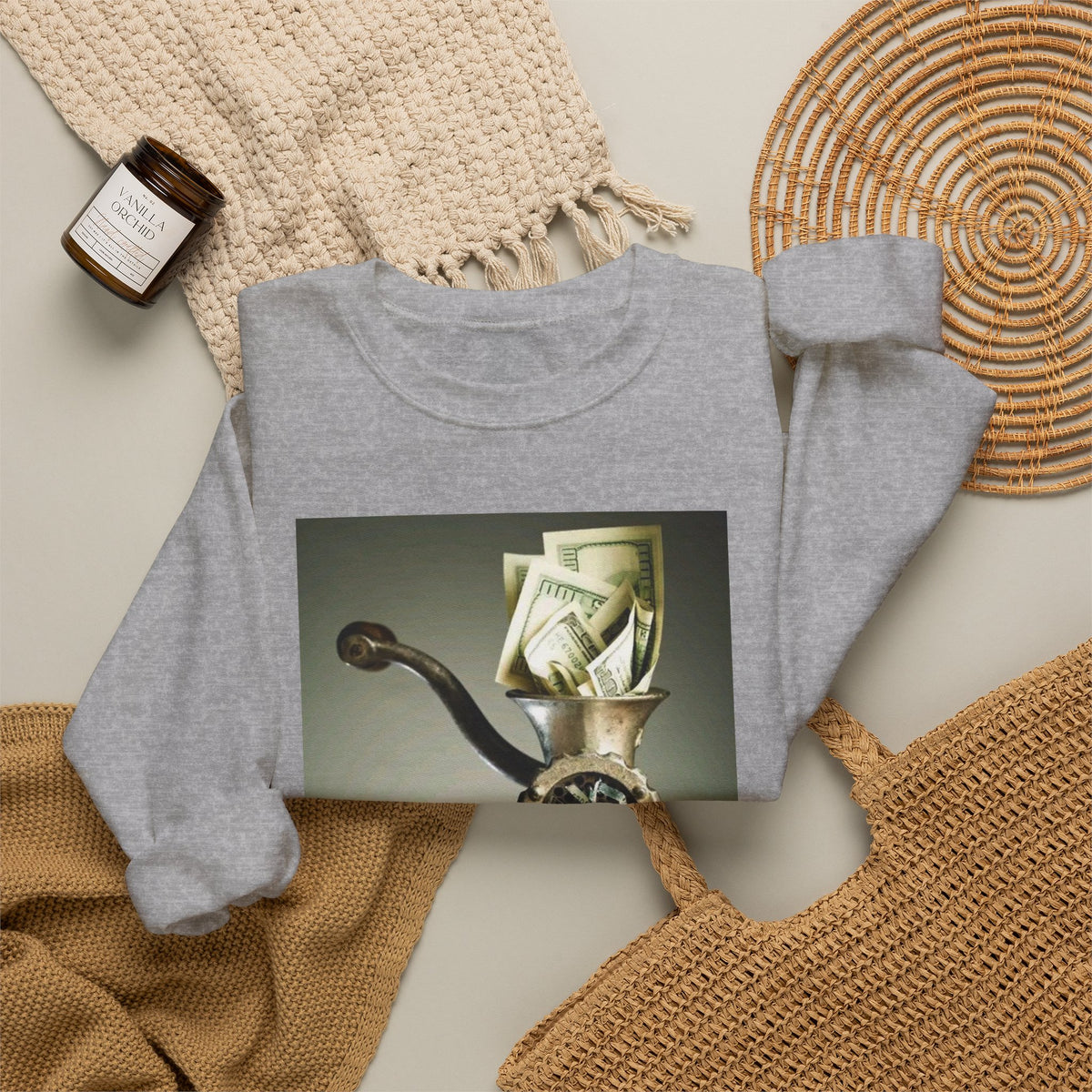 Money Grinder Crewneck Sweatshirt – Surreal Cash Shredder Graphic