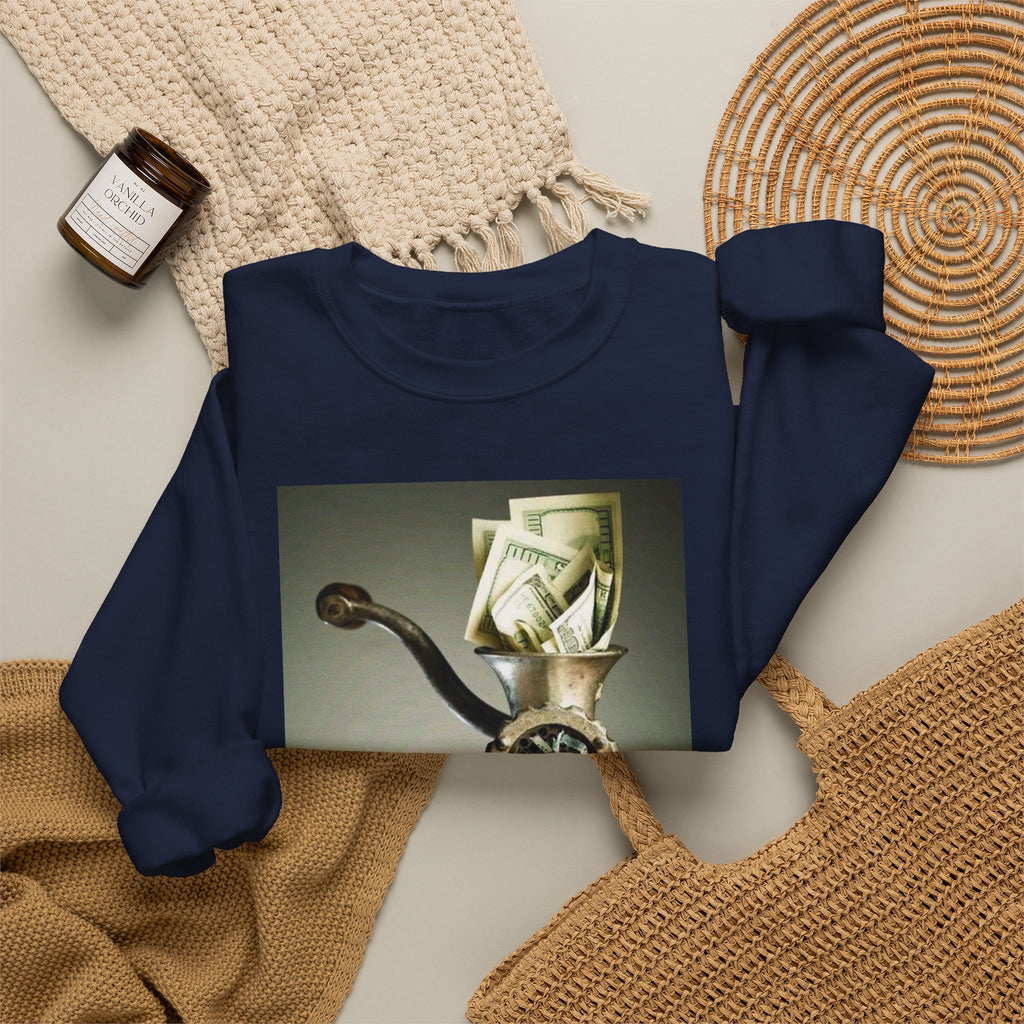 Money Grinder Crewneck Sweatshirt – Surreal Cash Shredder Graphic