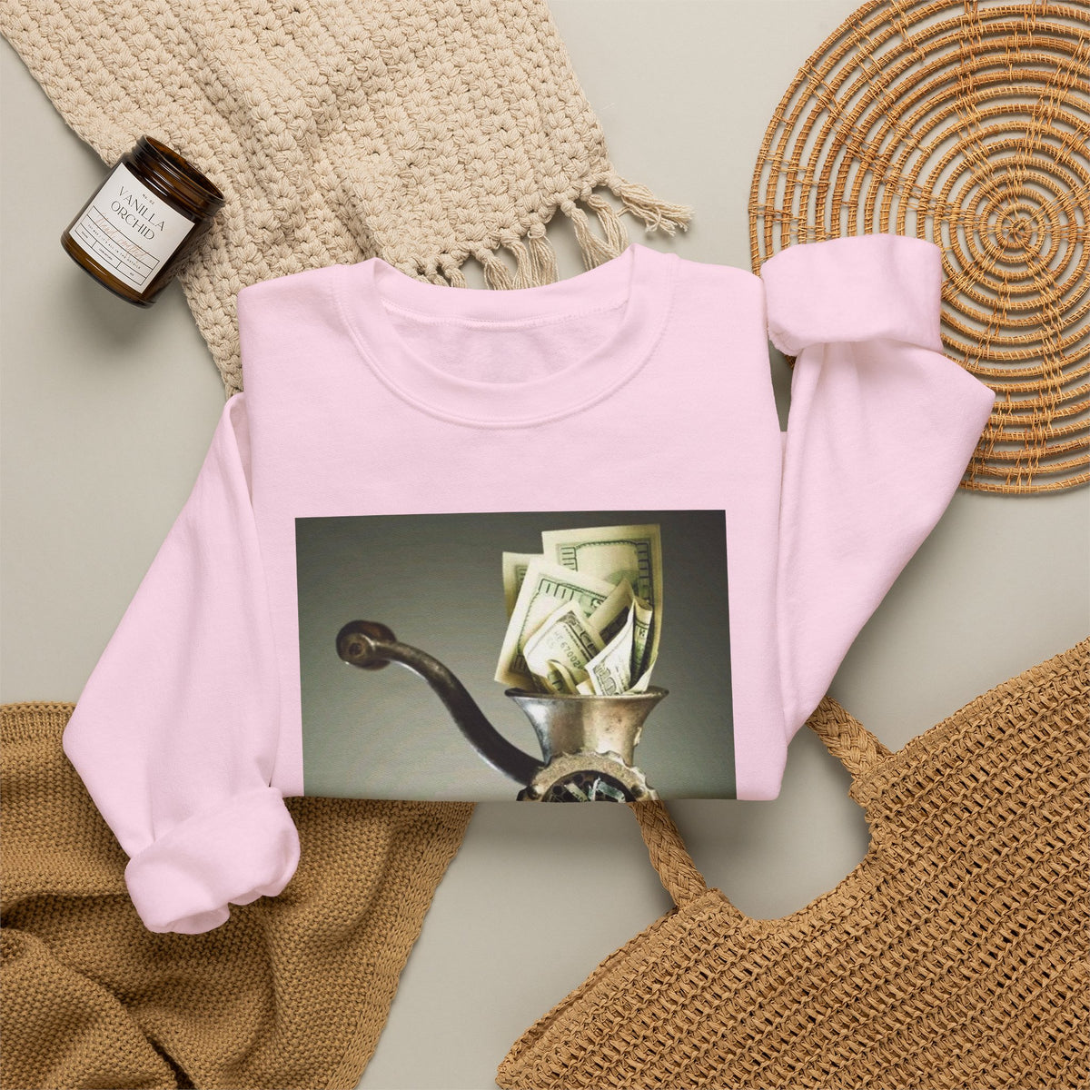 Money Grinder Crewneck Sweatshirt – Surreal Cash Shredder Graphic