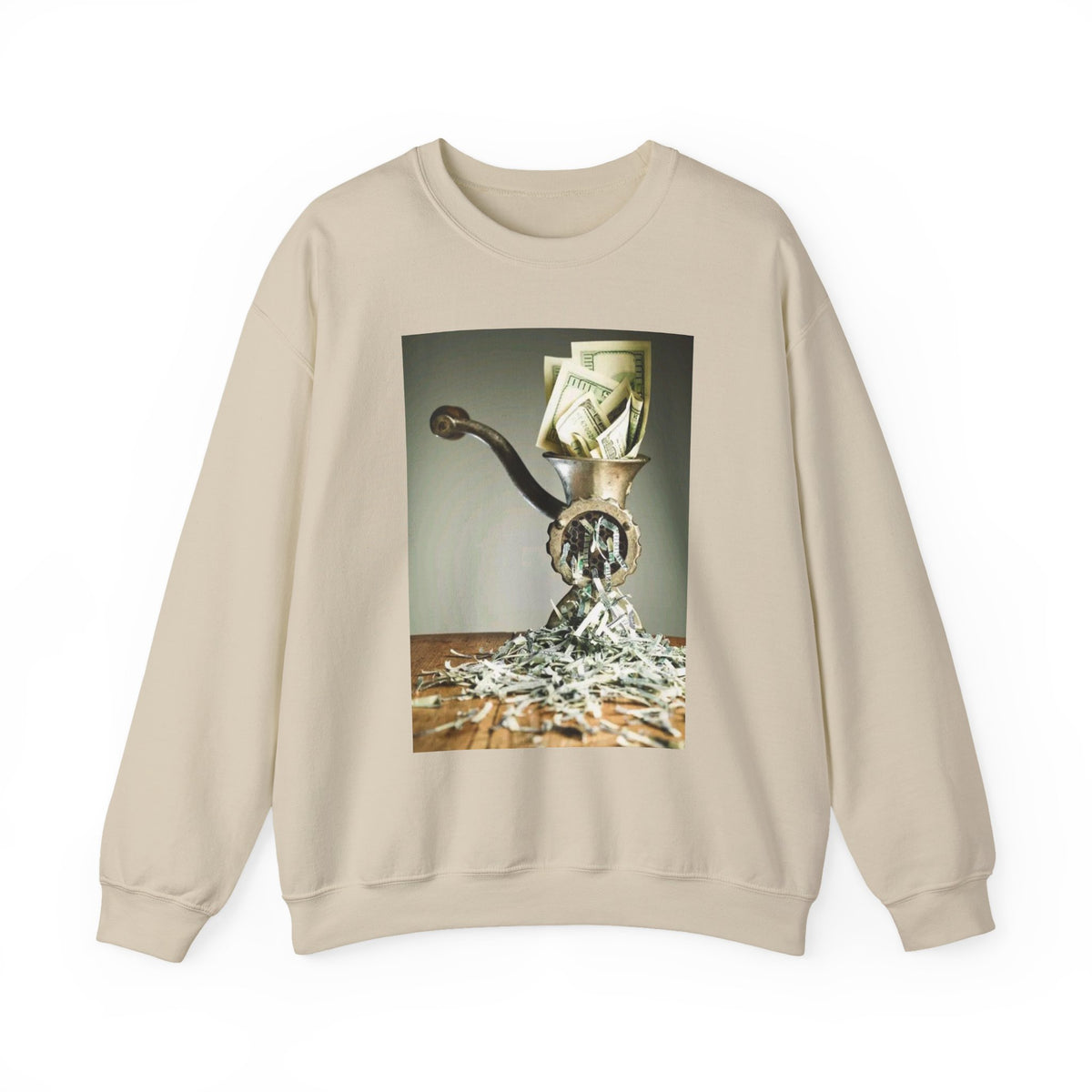 Money Grinder Crewneck Sweatshirt – Surreal Cash Shredder Graphic