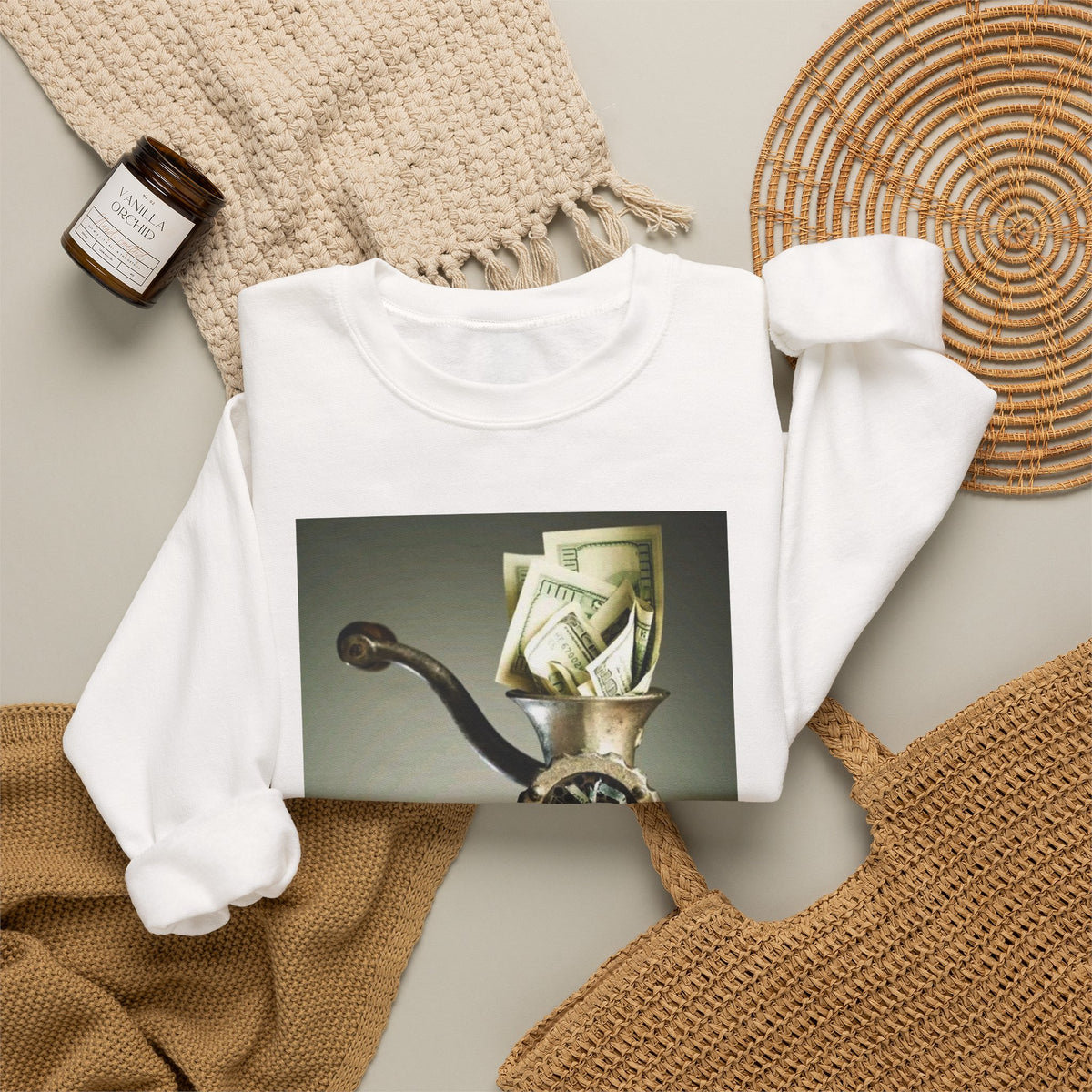 Money Grinder Crewneck Sweatshirt – Surreal Cash Shredder Graphic