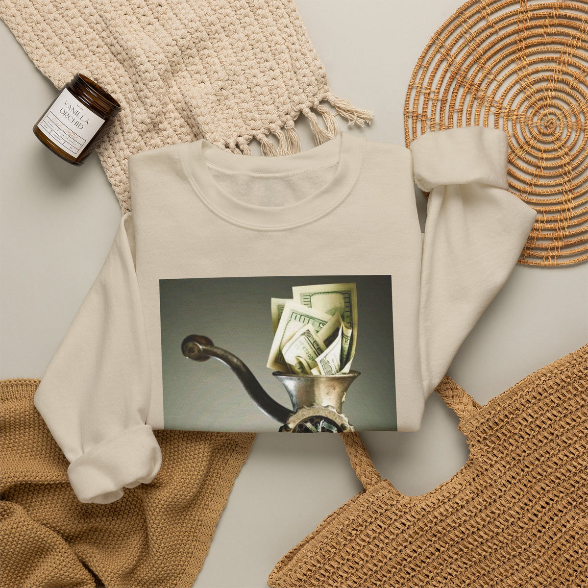 Vintage Coffee Grinder Art Sweatshirt — Retro Kitchen Still Life Crewneck