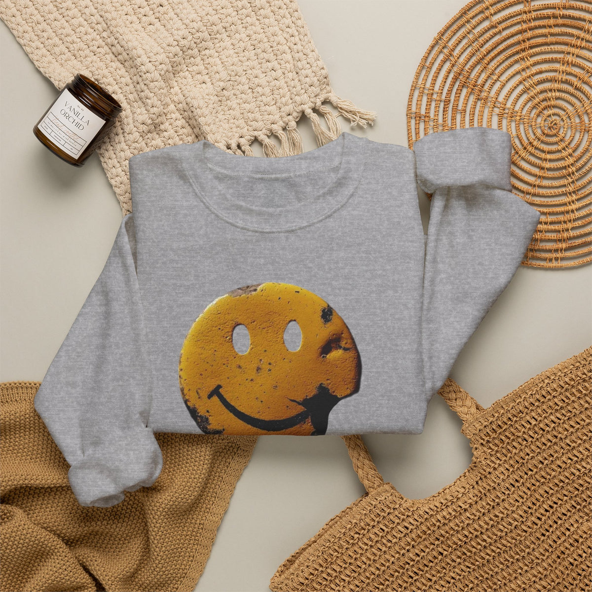 Smiley Face Distressed Sweatshirt – Vintage Grunge Happy Emoji Crewneck