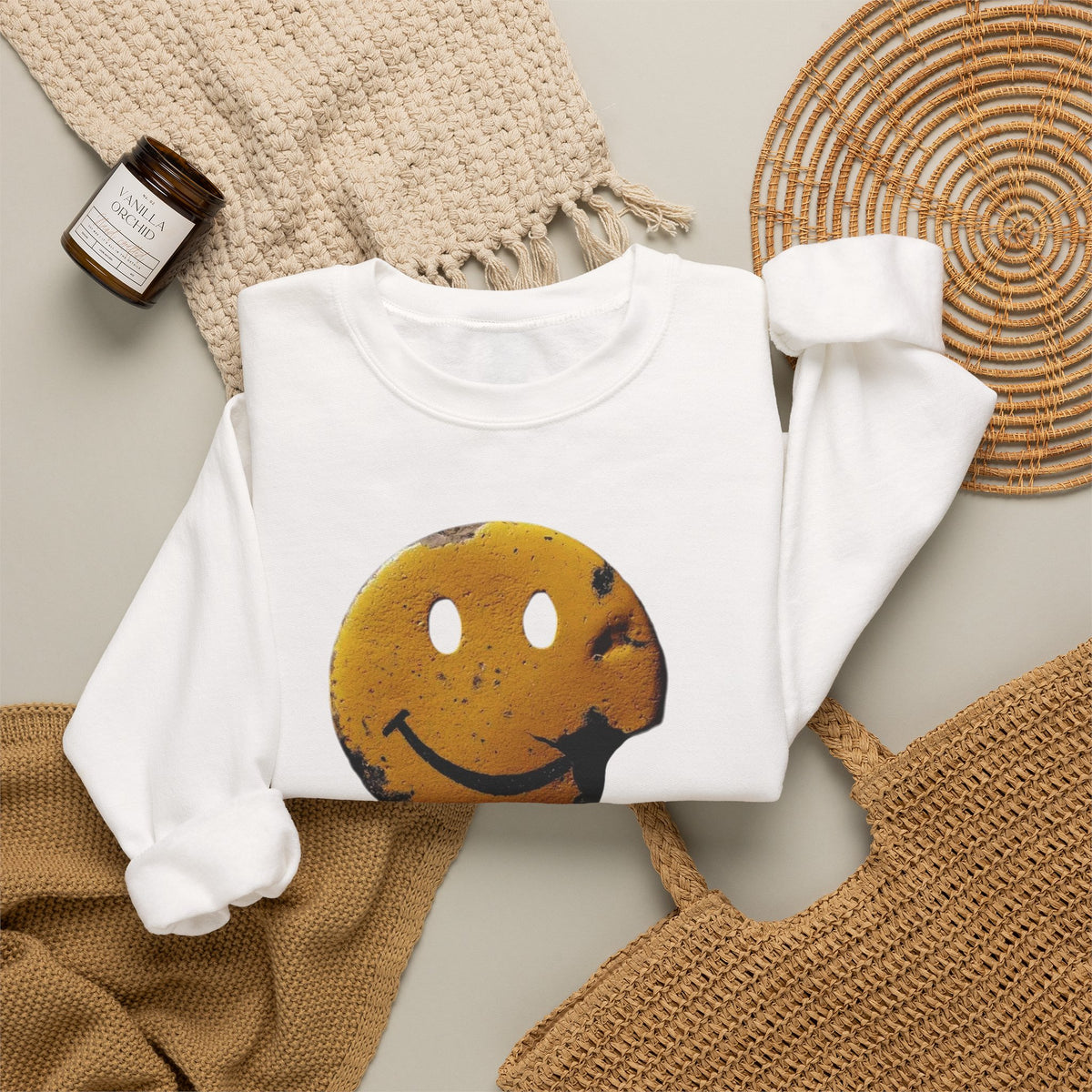 Smiley Face Distressed Sweatshirt – Vintage Grunge Happy Emoji Crewneck