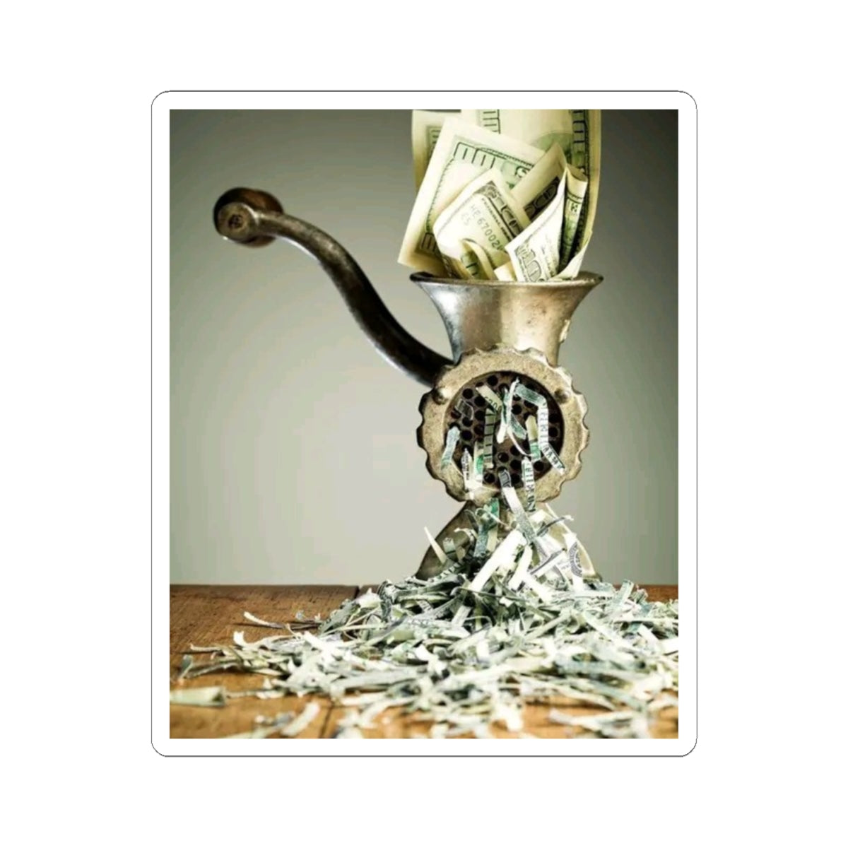 Money Grinder Sticker — Funny Cash Shredder Kiss-Cut Vinyl Decal