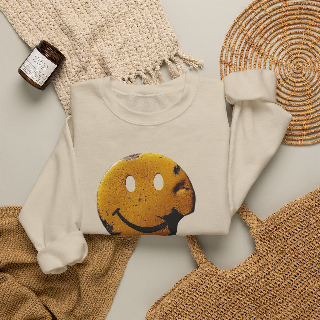 Smiley Face Distressed Sweatshirt – Vintage Grunge Happy Emoji Crewneck