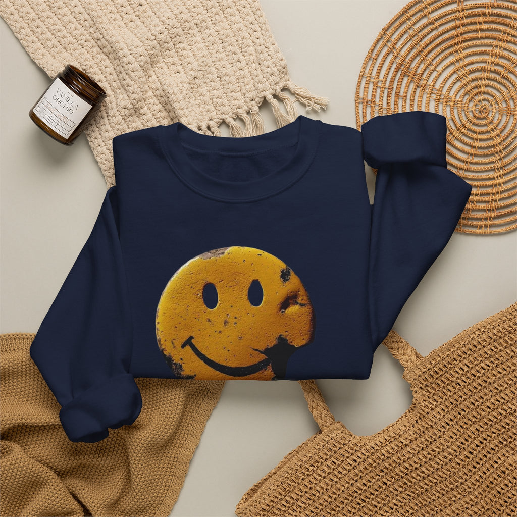 Smiley Face Distressed Sweatshirt – Vintage Grunge Happy Emoji Crewneck