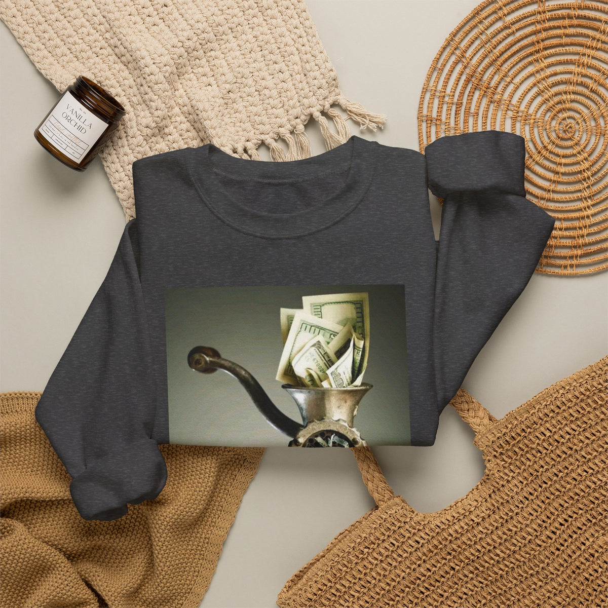 Money Grinder Crewneck Sweatshirt – Surreal Cash Shredder Graphic