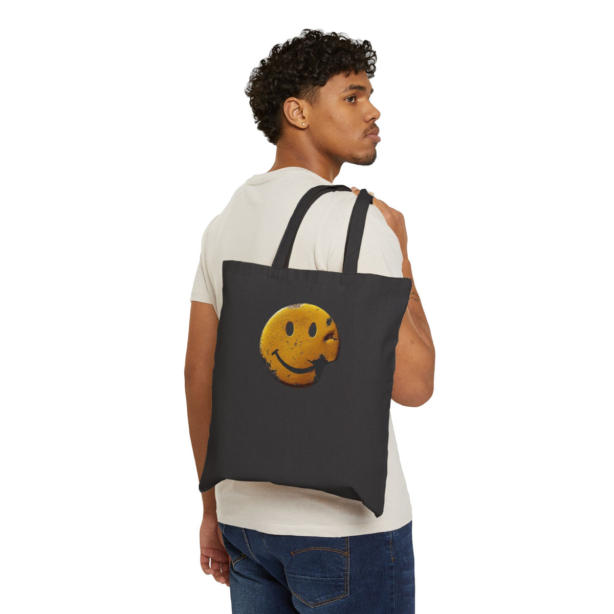 Smiley Bite Canvas Tote — Vintage Grunge Happy Face Grocery Bag