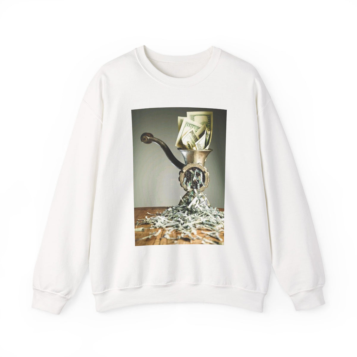 Money Grinder Crewneck Sweatshirt – Surreal Cash Shredder Graphic