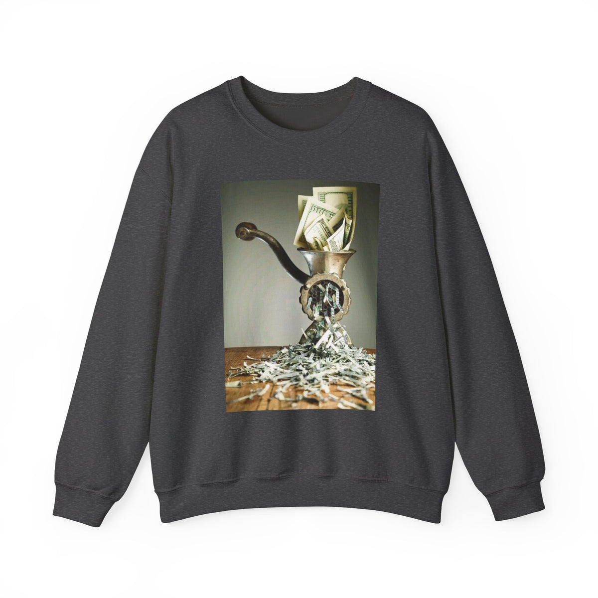 Money Grinder Crewneck Sweatshirt – Surreal Cash Shredder Graphic