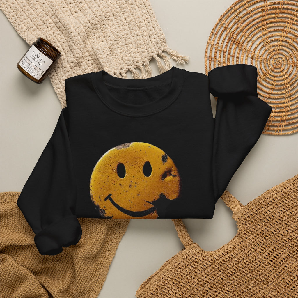 Smiley Face Distressed Sweatshirt – Vintage Grunge Happy Emoji Crewneck